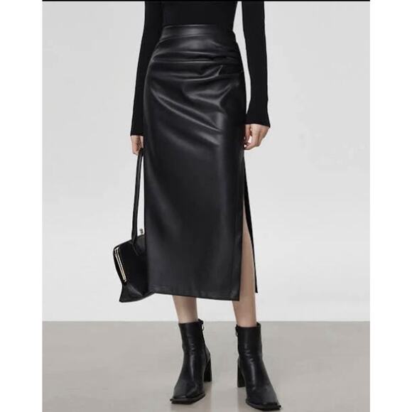 Commense Dresses & Skirts - Commense Faux Leather Ruched Slit Midi Skirt Minimalist & Night Out, New